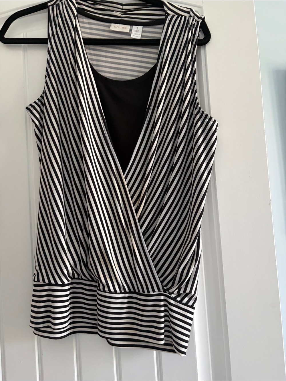 Chico's Black and White Striped Sleeveless Wrap-Front Top